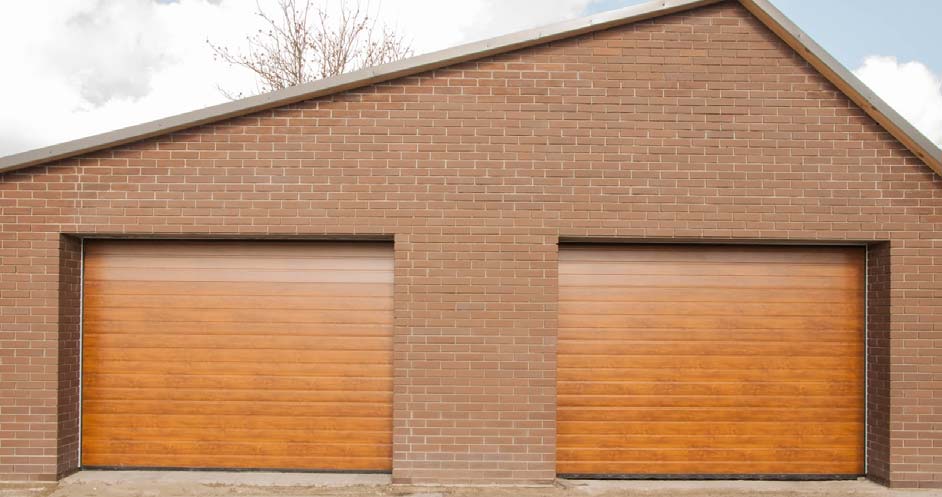 Brick building with double garage doors