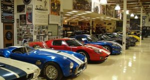 Garage with row of classic sports cars